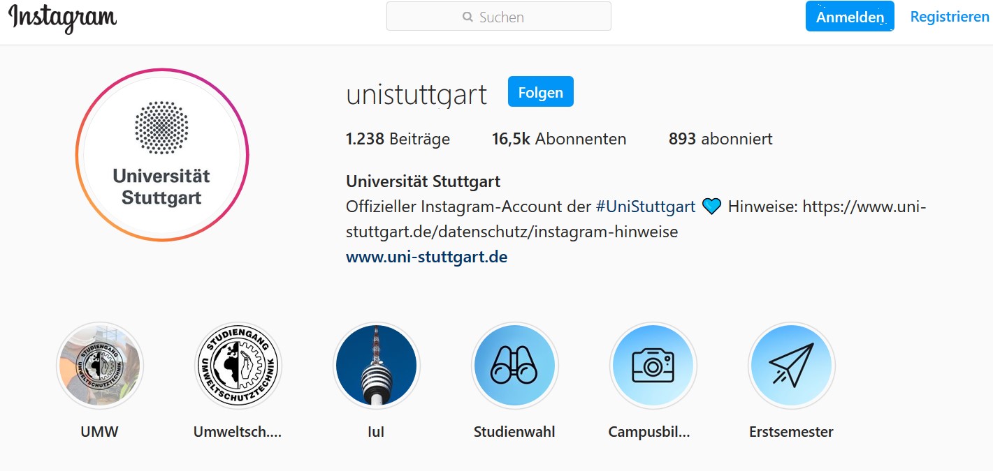 Einstiegsseite Instagram-Account Uni S
